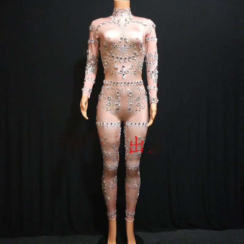 fashion nude rhinestone jumpsuit crystals mesh