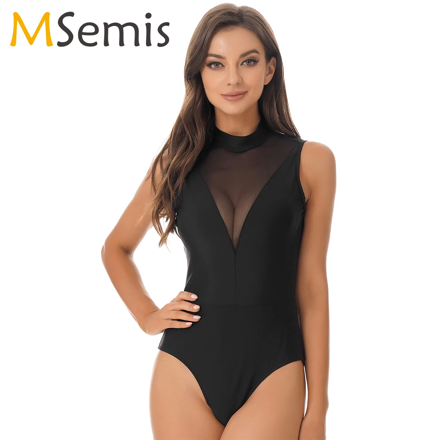 sequins mesh splice body suit for
